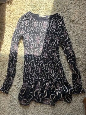 LoveShackFancy Long Sleeve Mini Dress with Metallic Pattern